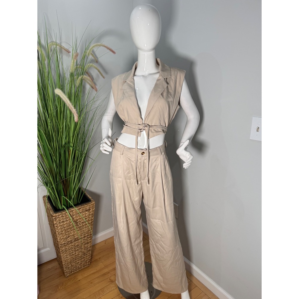 Micas Beige Two Piece Set‎ Crop Vest & Wide Leg Pants size L - Picture 3 of 12